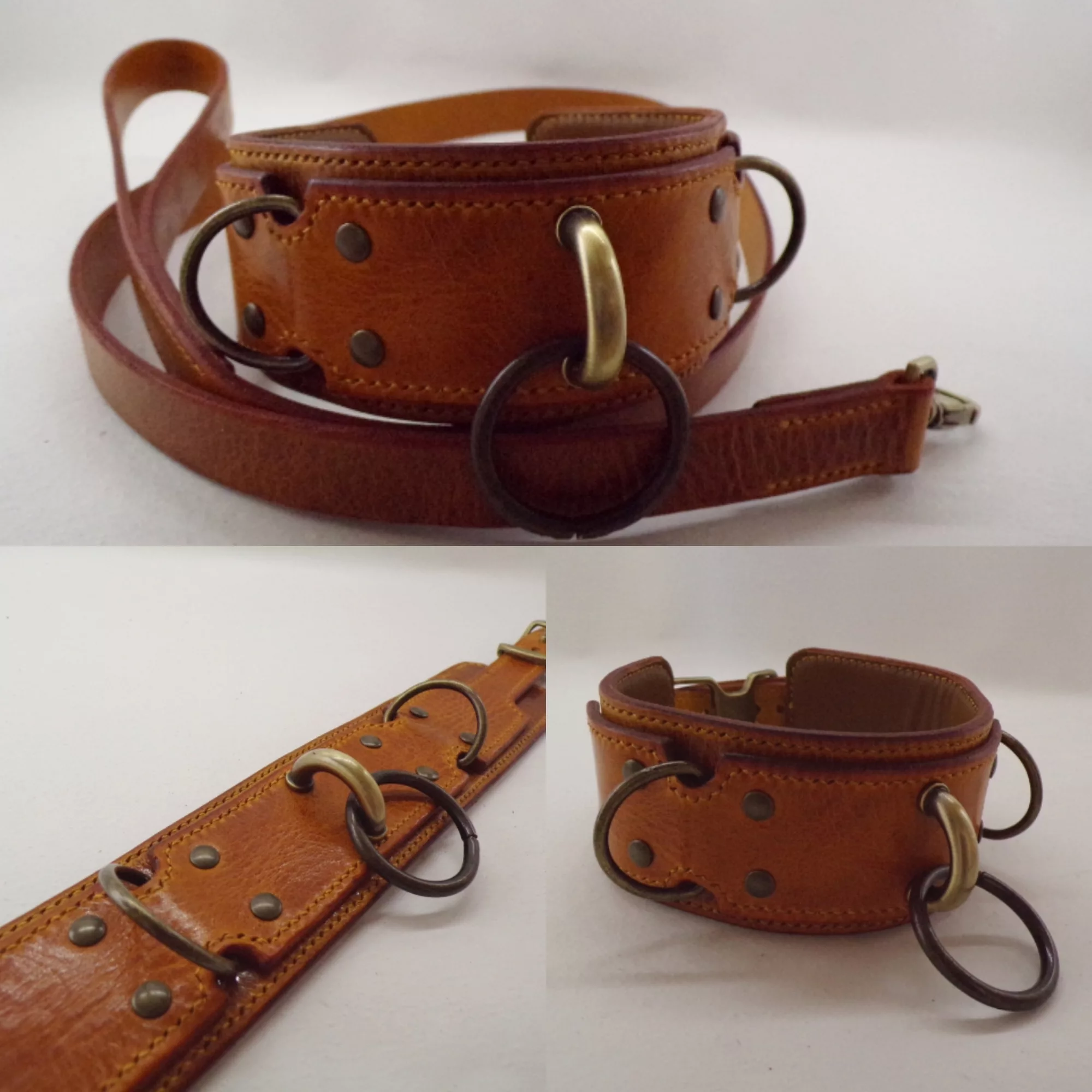 Collier Bdsm cognac + lien / Bdsm Heavy duty collar