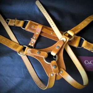 Assorted tan leather belts with metal buckles spread on a dark background; a purple C&C card is partly visible.
